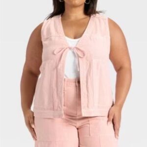 Women’s Denim Tie-Front Utility Vest-Pink XL